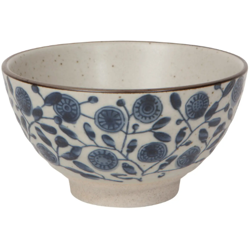 Calendula Element Bowl by Danica Heirloom featuring blue floral pattern on cream stoneware with reactive glaze finish, available in 6.25-inch size.