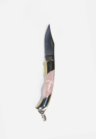 Mini Inlay Folding Knife by Curated Basics with Pink Shell inlay.