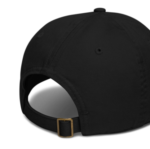 The back of the "Slice of Life" hat, showcasing the self-fabric adjustable closure and the hidden tuck-in with a brass slider.