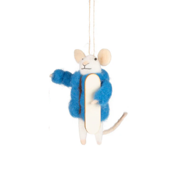 A whimsical felt mice ornament ready to shred the slopes for a fun winter theme in a blue puffer jacket.