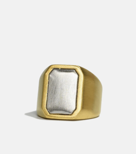 Chunky Shield Ring by Curated Basics in 14K gold-plated steel with a bold shield design, 20mm x 15mm.