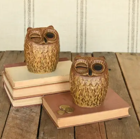 HomArt ceramic owl coin bank showing the textured feather details and sturdy tabletop design.