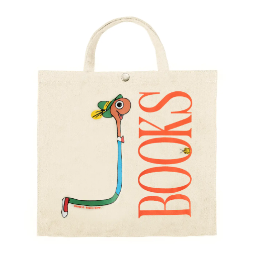The Three Potato Four Richard Scarry Lowly Worm Books Tote, showcasing its classic satchel style and vibrant screen-printed design.