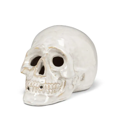 The small porcelain skull, showing its compact and versatile size, ideal for adding a subtle spooky touch to any space.