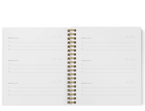 A peek inside the mini gratitude journal, showcasing the clean, simple layout with space for jotting down daily gratitudes.