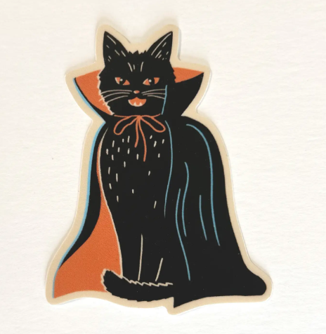 Personalize your accessories with the Vampire Cat Sticker by Zander Mack, featuring vintage-inspired feline art on durable vinyl.