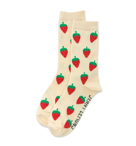 A pair of playful cream-colored crew socks with a fun, all-over pattern of red strawberries, perfect for any strawberry fan.