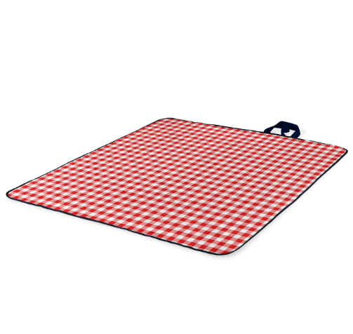 The Picnic Time Vista Outdoor Picnic Blanket & Tote, spread out to show its traditional red and white checkerboard pattern, with a dark blue trim.