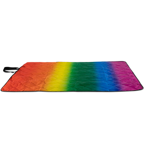 The Picnic Time Vista Outdoor Picnic Blanket & Tote, laid flat to showcase its full spectrum of colors from red to violet, with a black trim and handle on the left side.