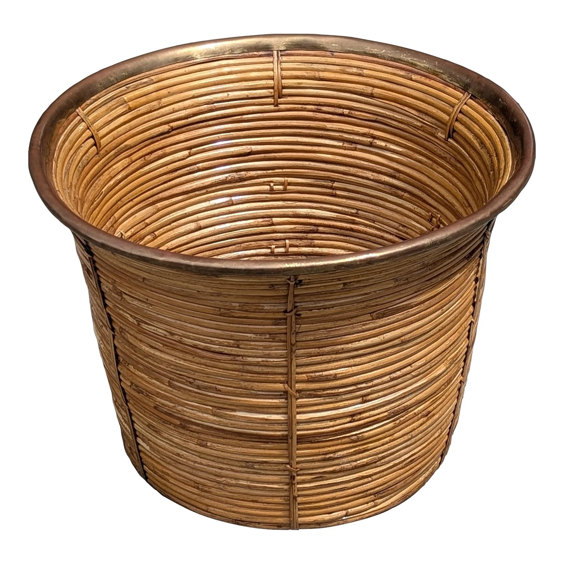 Vintage large rattan and brass floor vessel, front view of woven body with brass rim