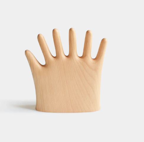 More Fingers Jewelry Display showing the beech wood grain and the 6 Fingers hand shape.