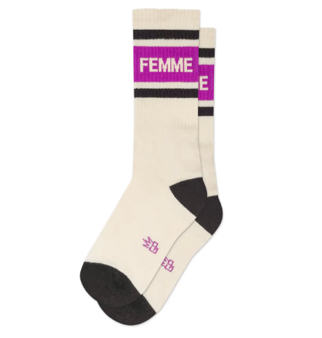 Walk with confidence in the Femme Gym Crew Socks by Gumball Poodle, a pair of retro cream-white athletic mid-calf socks featuring bold black stripes and a bright purple accent band.