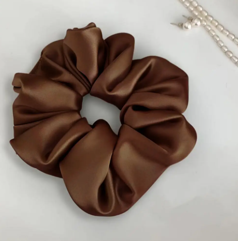 Close-up of the Oversized Satin Scrunchie showcasing its smooth satin texture and luxurious design - Brown