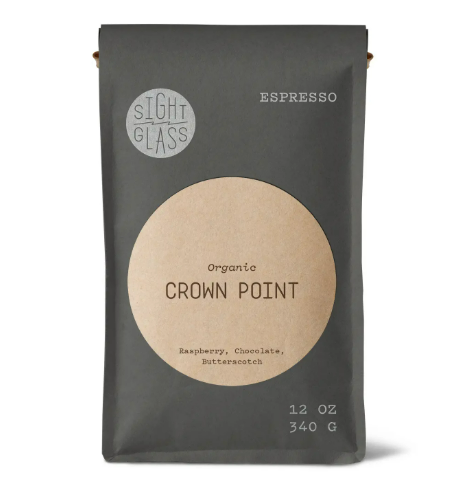 Close-up of Sightglass Coffee bag showing roast profile and flavor notes - Crown Point Organic Espresso.