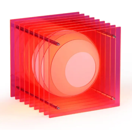 The eye-catching Electric Pink LớP Small Square Light by BANG glowing warmly on a white surface.