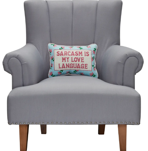 Style your favorite armchair with the witty Sarcasm's My Love Embroidered Pillow by Peking Handicraft, adding personality and humor to any living space.