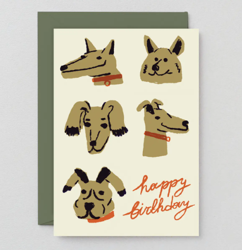 Artistic dog-themed birthday card by Rozalina Burkova for Wrap paired with a forest green envelope.