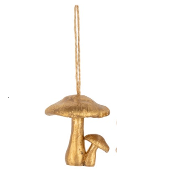 A whimsical forest-themed gold mushroom ornament, perfect for creating an enchanted look on a Christmas tree - two mushrooms