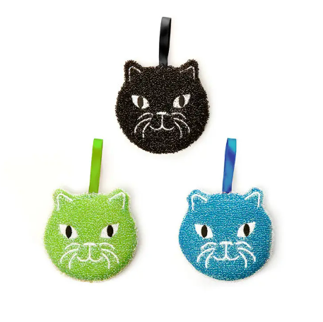 A set of three cat-shaped kitchen sponges in green, black, and blue for a whimsical touch to dishwashing.