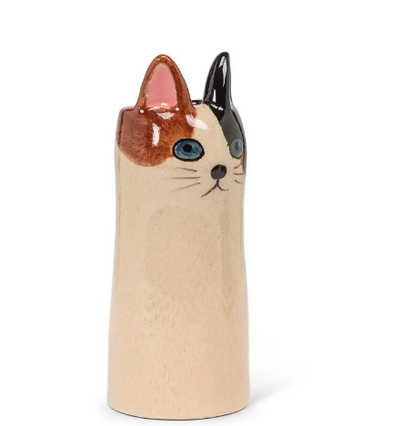 A stylish brown ceramic cat vase with expressive blue eyes and a glossy finish, designed for unique and modern home accents.