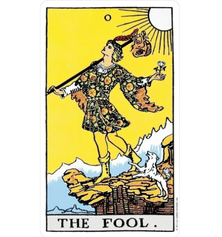 Experience rich symbolism with The Fool card from the Rider-Waite Tarot Deck by U.S. Games Systems Inc., showcasing a traveler stepping forward with a loyal canine companion.