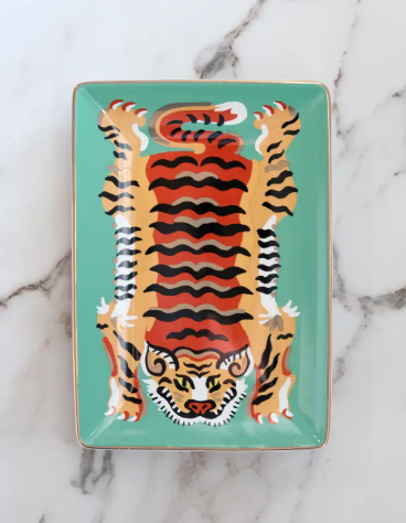 Close-up of the Jade Tiger Trinket Dish, highlighting the details of the design and the 10k gold rim.
