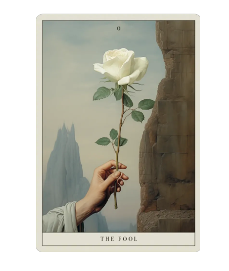 View the symbolic card artwork from The Haptic Tarot Deck by U.S. Games Systems Inc., highlighting the Fool card holding a white rose.