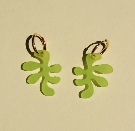 Other shapes' Frosted Lime Ant Charm Earrings, showcasing the stylish, lightweight acrylic charm on a gold hoop.