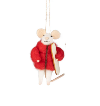 A whimsical felt mice ornament ready to shred the slopes for a fun winter theme in a red puffer jacket.