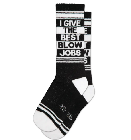 White I Give the Best Blow Jobs Gym Crew Socks by Gumball Poodle with bold black text and a ribbed top.
