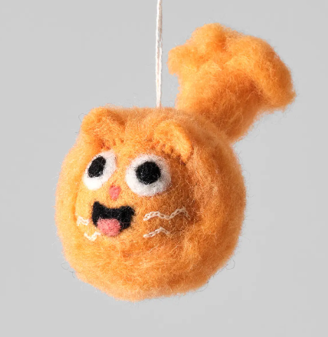 A round orange felted wool Big Fluffy Cat Hanging Ornament with large eyes and a little pink tongue sticking out.