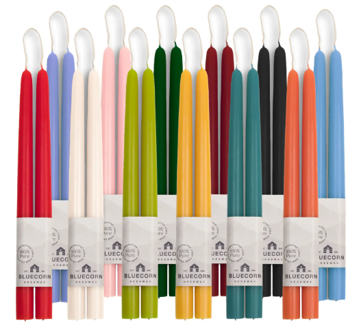 Explore a vibrant selection of colorful Beeswax Taper Candles by Bluecorn Candles, handcrafted from 100% pure beeswax.