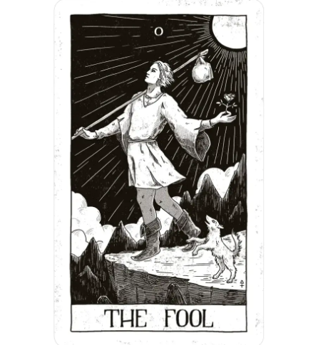 View the detailed black-ink artwork of The Fool card from the Black Ritual Tarot Deck by U.S. Games Systems Inc.