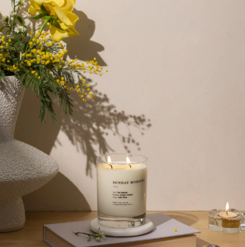 Fresh scent candle in a screenprinted tumbler, perfect for creating a relaxing, market-inspired ambiance at home.