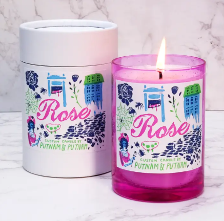 A minimalist Rose Candle by Putnam Design LLC in a clear glass jar with 9 oz of hand-poured soy wax.