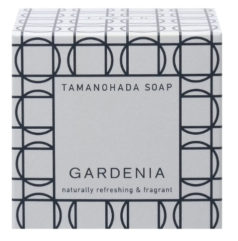 Stylish minimalist packaging box for Tamanohada gardenia round soap by Ameico in crisp neutral tones.