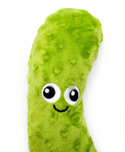 Get a close-up look at the playful embroidered face and textured green fabric of the Thoozypet Pickle Plush Dog Toy by Pet Palette Distribution.