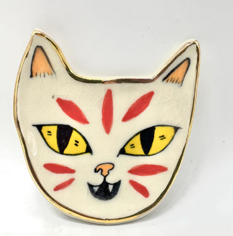 Artisanal tiger-themed jewelry tray by Erika Rier, hand-pressed and signed by the artist for a unique touch.