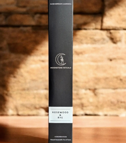 Hand-dipped incense sticks by Moonstone Rituals in Rosewood & Rye, showing the eco-friendly tray-style packaging.