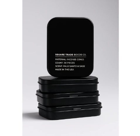 Elevate your home fragrance ritual with Hinoki Incense Cones by Square Trade Goods Co, presented in sleek black travel tins.