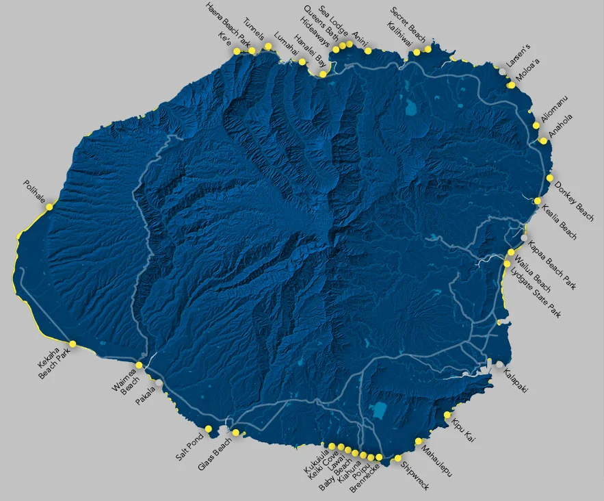 Map of the principal beaches of Kauai. Source: The Parrish Collection Kauai.