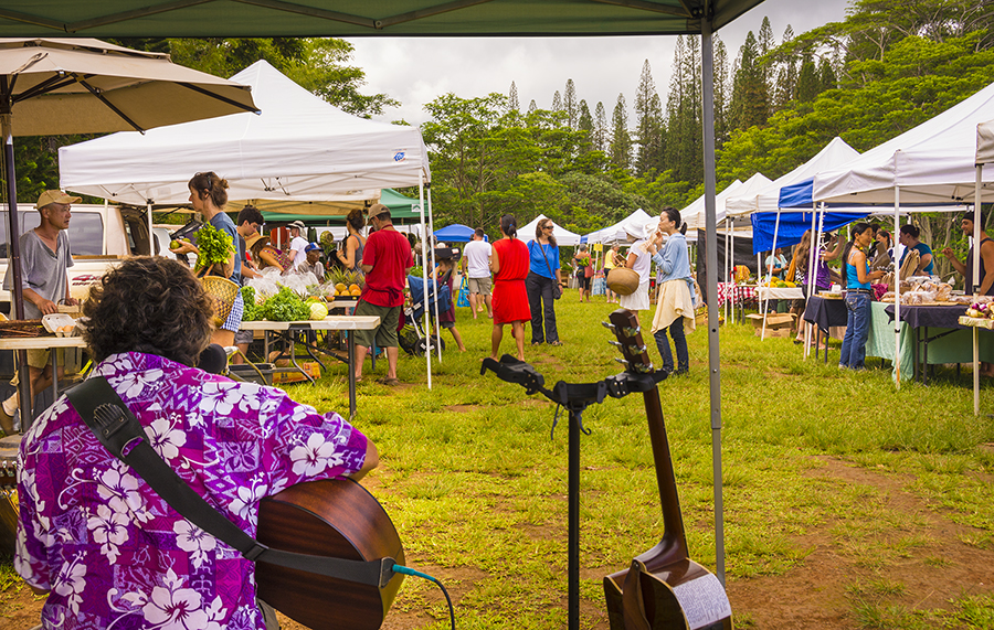 A typical farmer's market on Kaua'i, near the town of Kilauea. It's always a festive occasion, where locals and visitors gather to shop for outstanding fresh fruit and vegetables, and some of the island's wonderful home made products. 