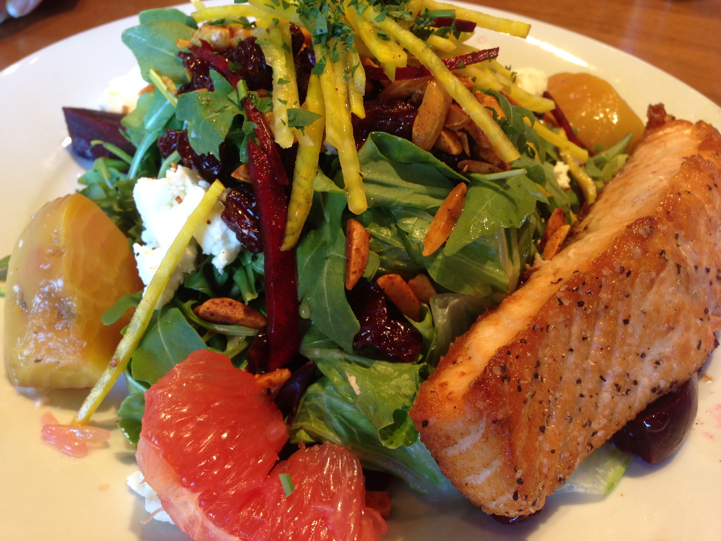 McVean's Dawn Salad (shown with grilled salmon). It's a symphony of healthy culinary happiness. 