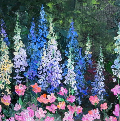 "Tulips and Foxgloves," 8" x 8" acrylic on panel