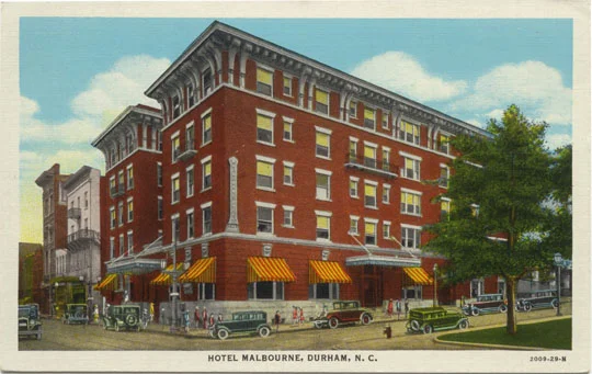 The Malbourne Hotel which once stood at the northwest corner of Main Street at Roxboro Street in Durham, North Carolina