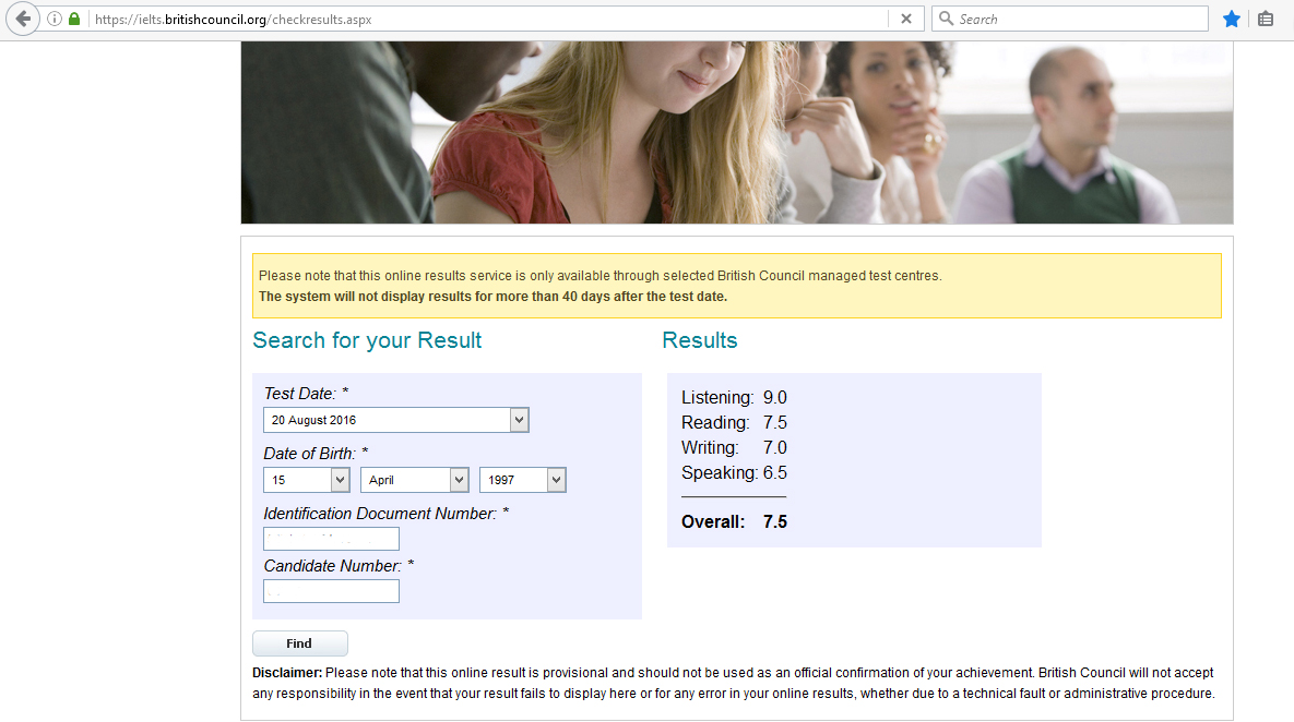 Albert's online IELTS results