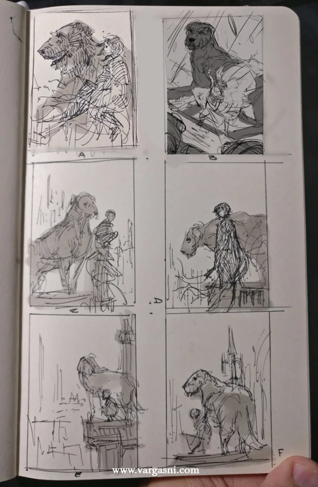 Ink sketches with the first ideas for the painting.