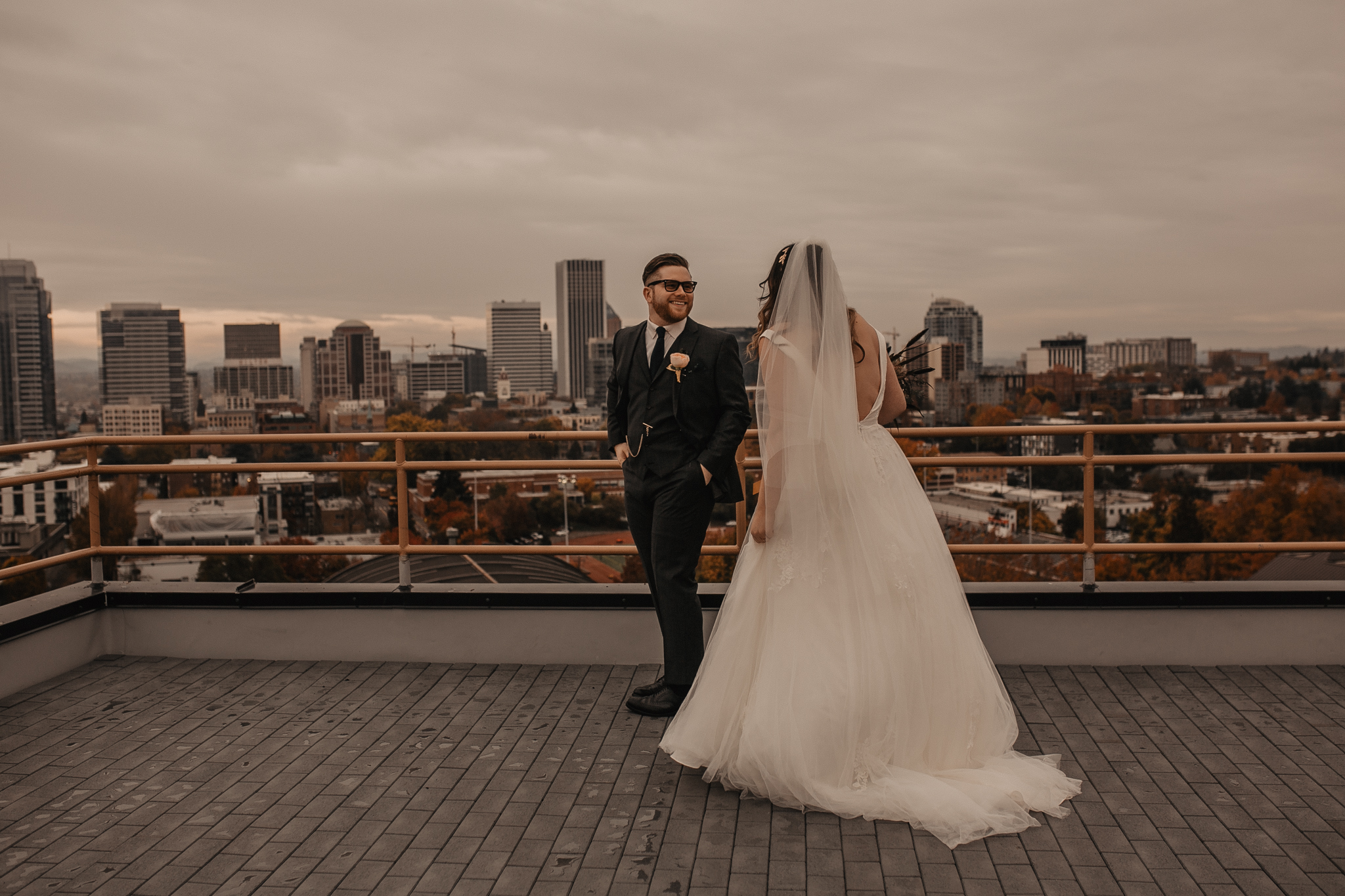  downtown portland rooftop first look on wedding day 