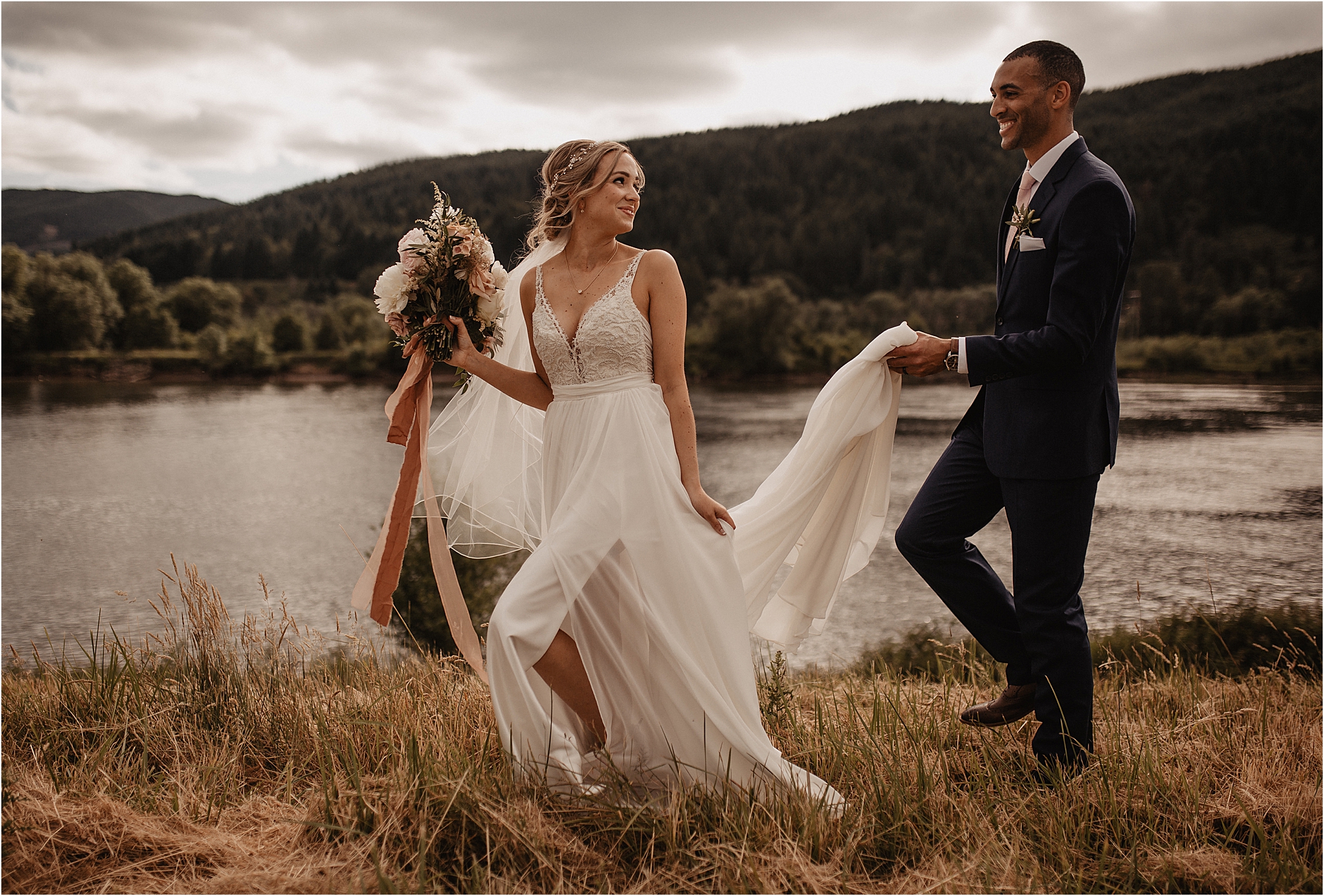Sauvie Island wedding couple portraits by the river