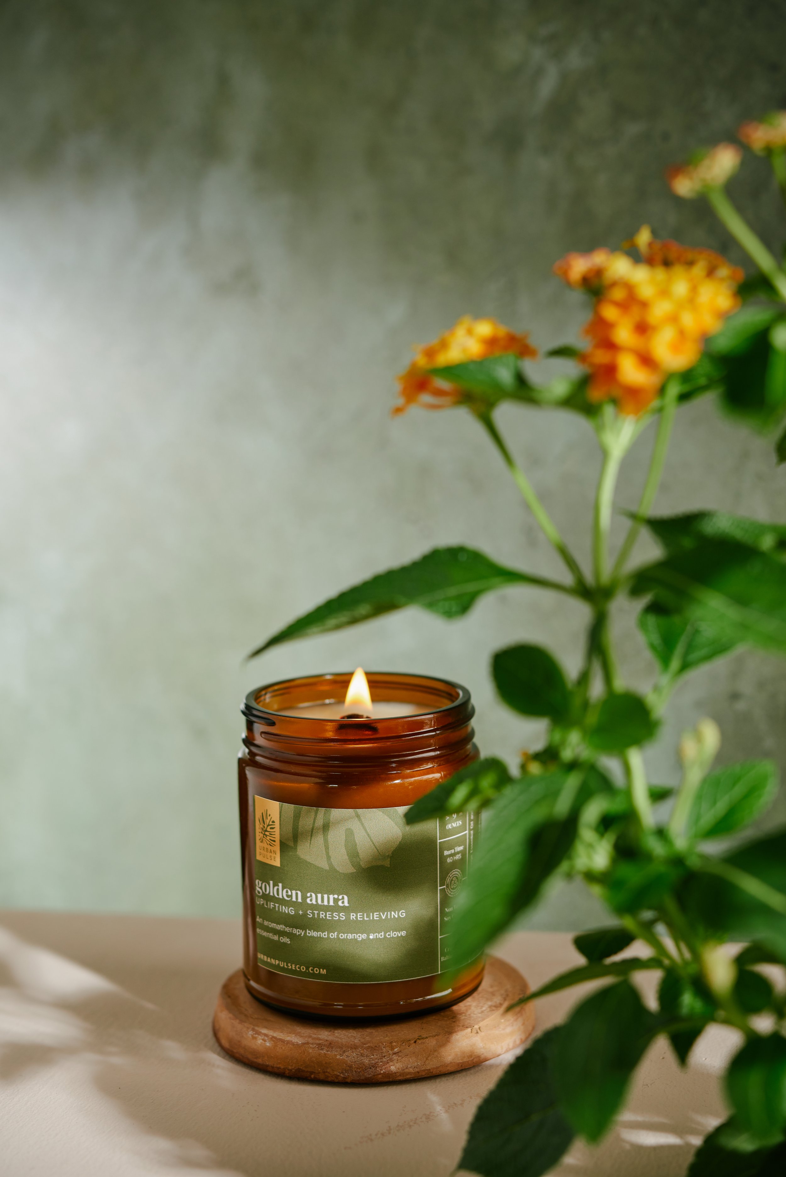 Urban Pulse bath and body products photographed by Philadelphia photographer Tina Crespo, showcasing new candle line against a green background.